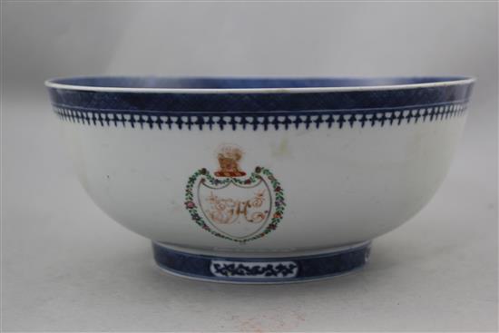 A Chinese export armorial punch bowl, c.1790, 25cm.